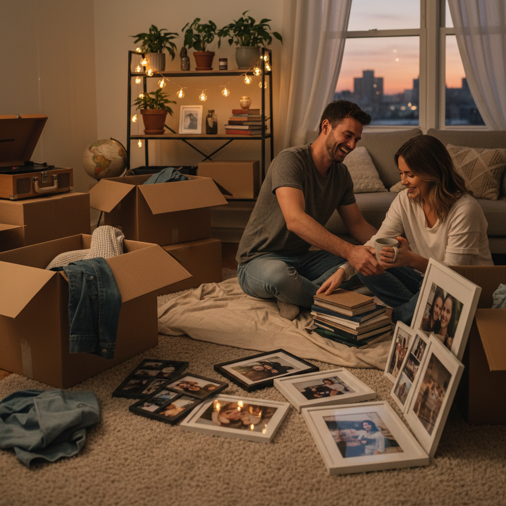 Lifestyle scene of a couple unpacking boxes in a new Canadian apartment, symbolizing cohabitation for common law partnership sponsorship