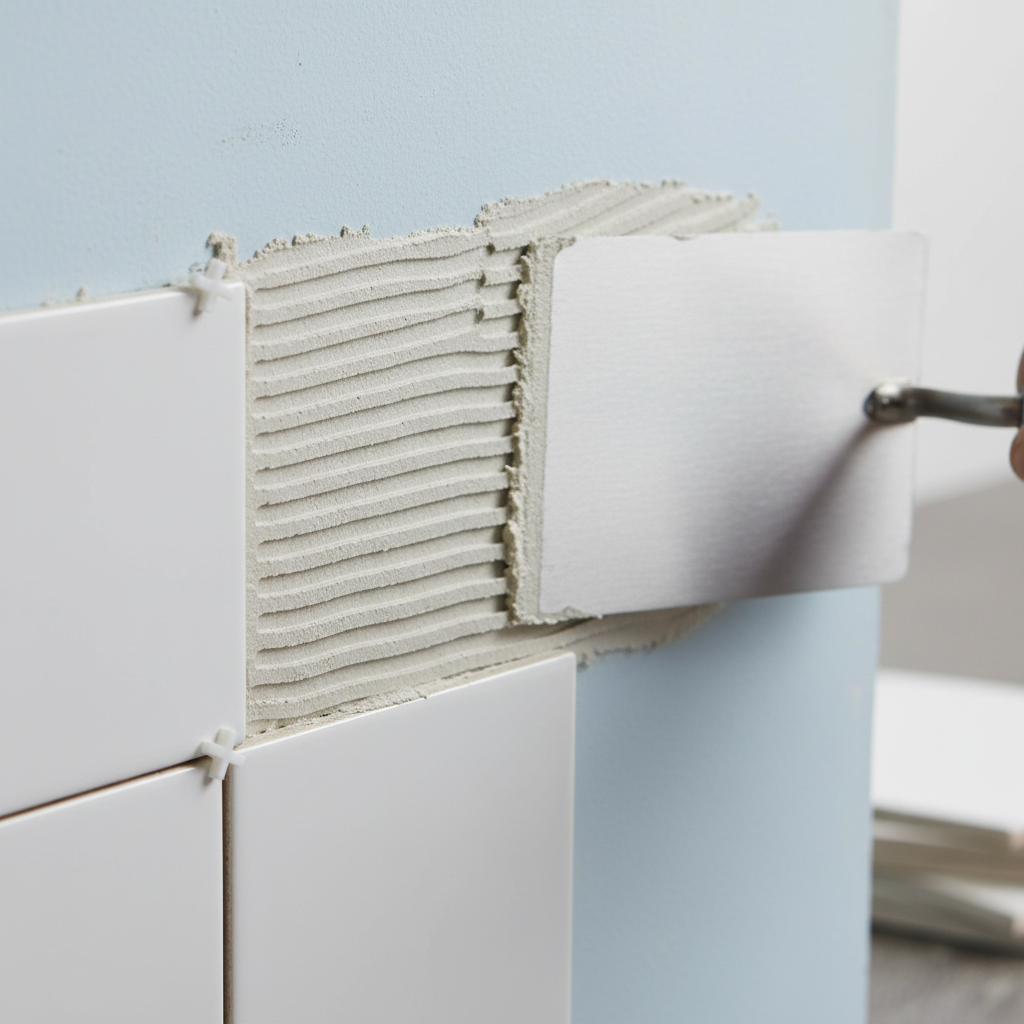 Kitchen Backsplash Installation Guide: Save Time and Avoid Mistakes 1 Close-up of thinset mortar being combed with a notched trowel during kitchen backsplash installation guide step