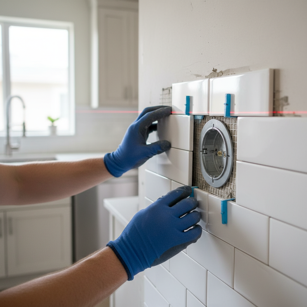 Kitchen Backsplash Installation Guide: Save Time and Avoid Mistakes 2 Hands setting subway tile around an outlet with spacers during backsplash installation guide