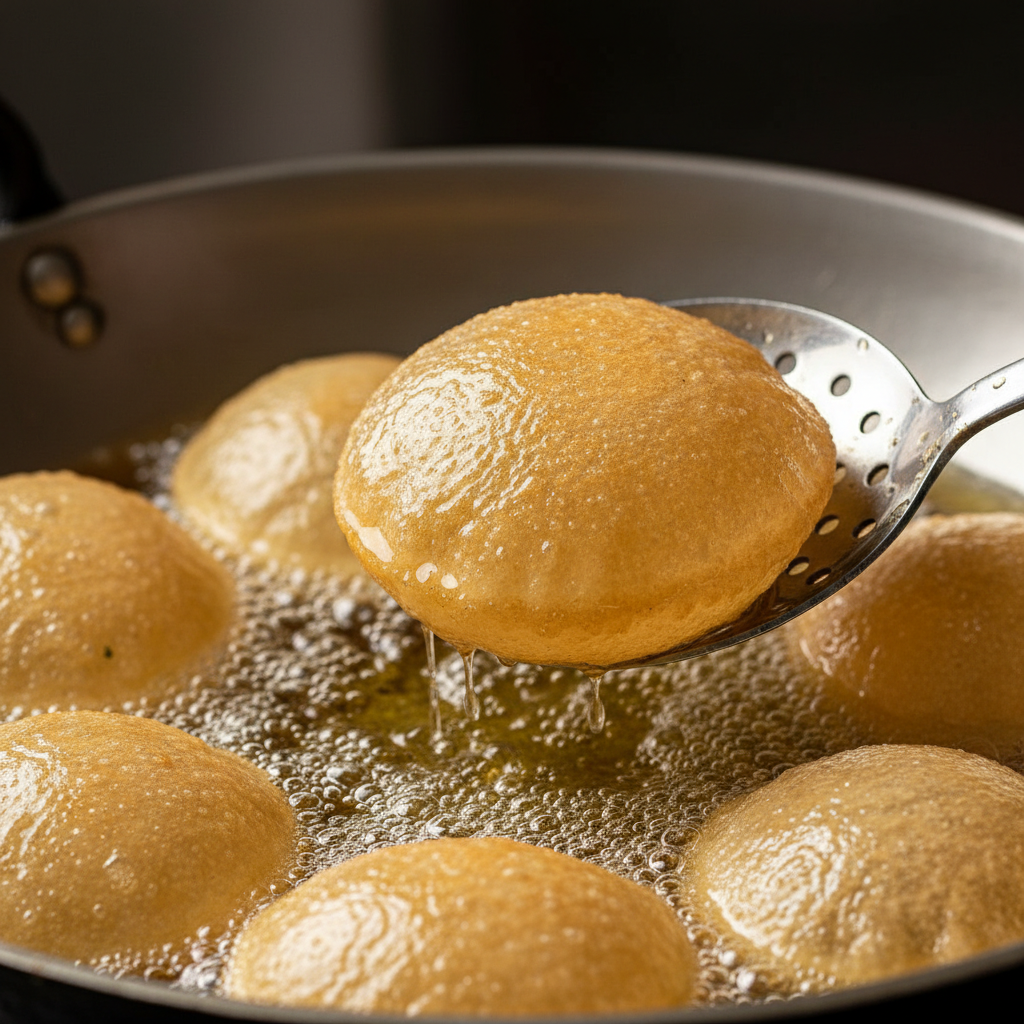 Close-up of puris puffing in hot oil, showing ideal 350–365°F frying for bedmi puri aloo cooking method