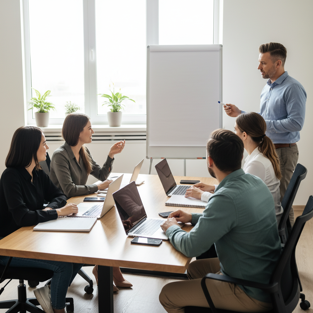 Study group in Mississauga collaborating on PMP practice questions in a bright training room