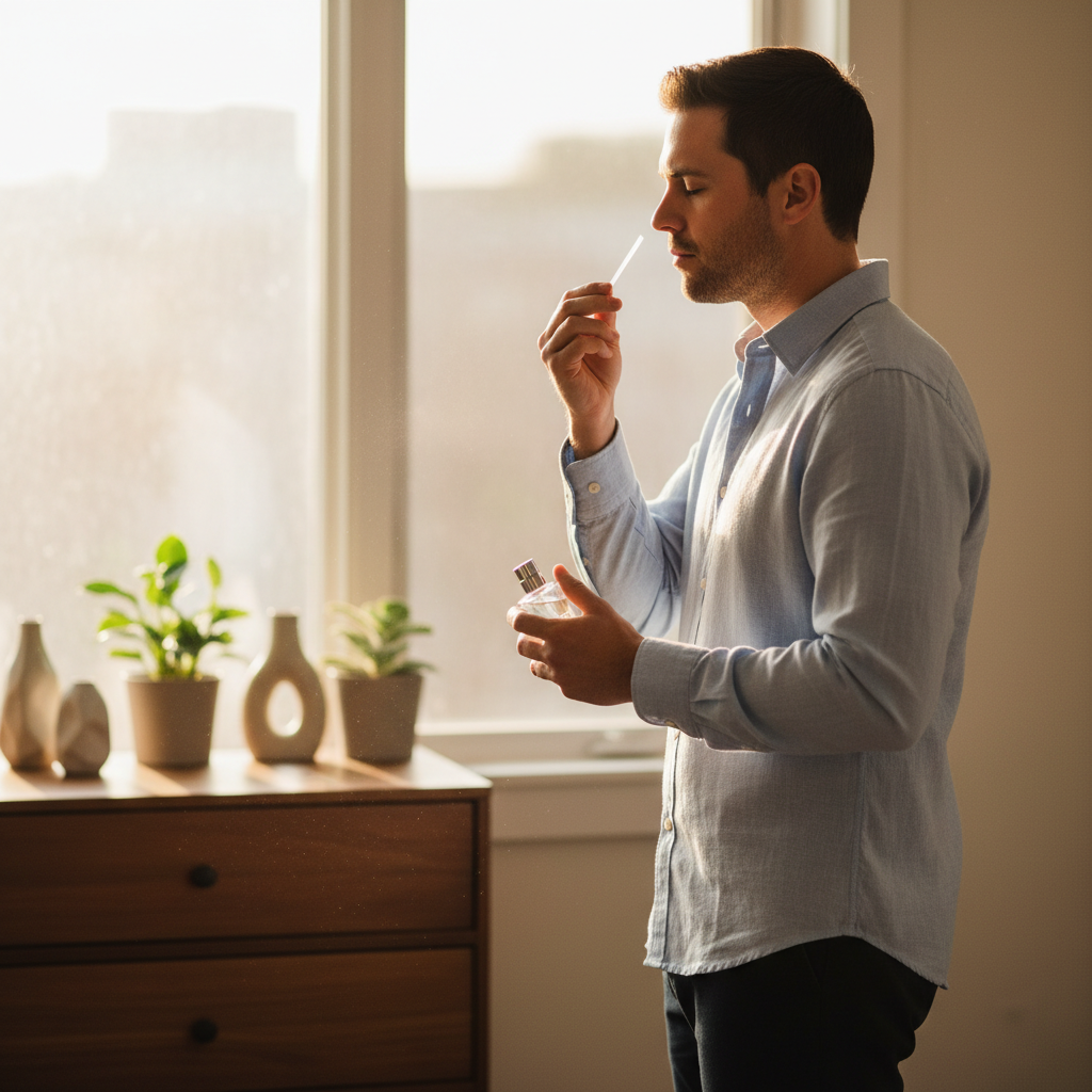 Man testing cologne on a blotter at home to compare men’s fragrance samples before skin wear tests