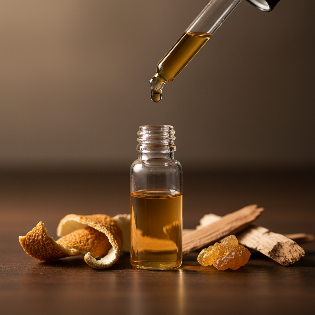Close-up dropper filling a perfume sample vial beside bergamot and cedar—illustrating how men’s fragrance samples let you test ingredients and styles
