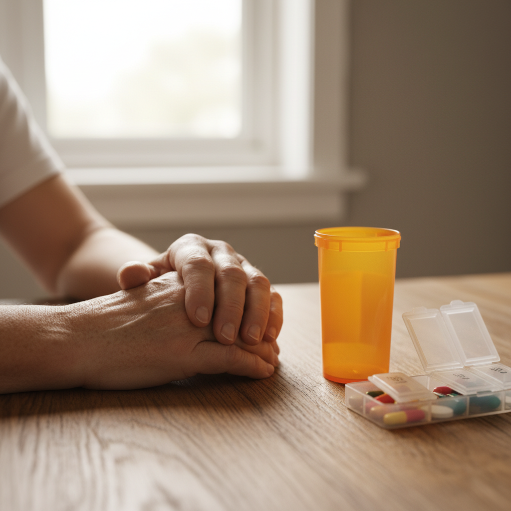 Addiction family support detail: caring hands near medication-assisted treatment items for opioid addiction recovery