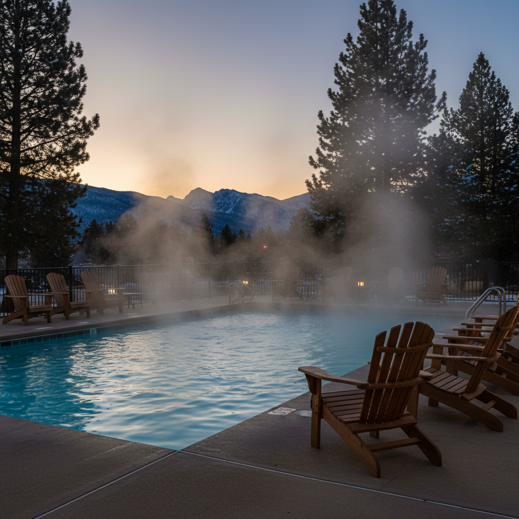 Outdoor heated pool at a North Conway motel with pine trees and mountain silhouette, ideal for relaxing after outlets or skiing