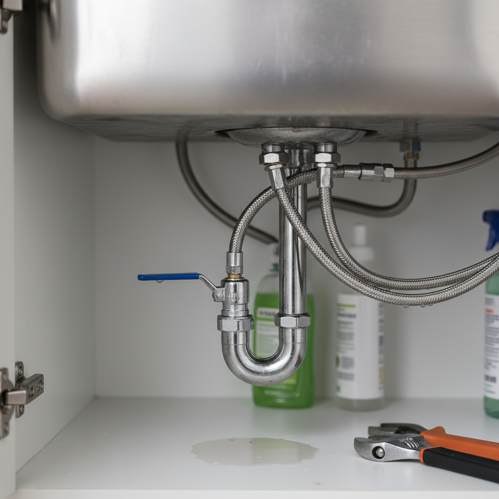 Close-up of condo plumbing shutoff valves and hoses under a sink, illustrating water protection endorsements for condo insurance solutions in Ontario