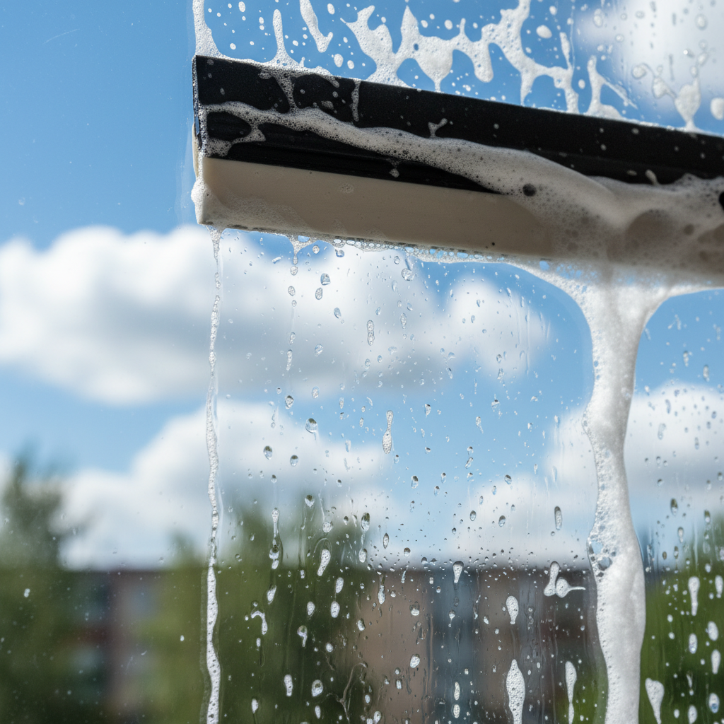 Close-up squeegee on window creating a streak-free path, ideal for window cleaning in Saskatoon