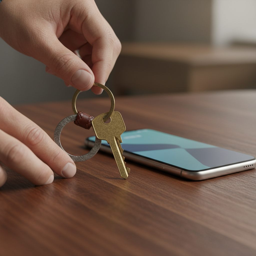 Close-up of house keys and smartphone beside listing tools, illustrating how peer-to-peer real estate platforms centralize steps from chat to contracts