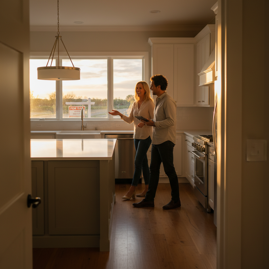 Home viewing scene in a bright kitchen, representing scheduled showings arranged through a peer-to-peer real estate platform with verified buyers
