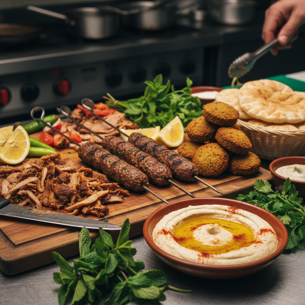 Close-up of Middle Eastern halal catering prep: shawarma, kofta, falafel, hummus, and pita arranged for an in-house catering station in Mississauga