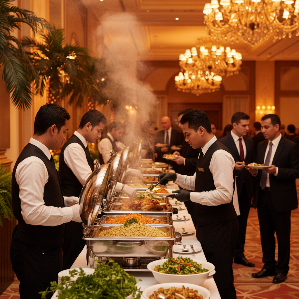 Catering staff setting a halal buffet in an elegant Mississauga ballroom with dual-sided chafers and guests mingling before service