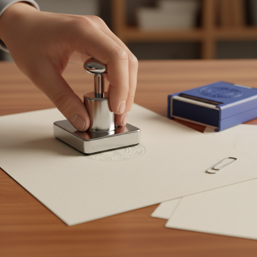 Close-up of a notary applying an embossing seal for certified true copy notarization on a document