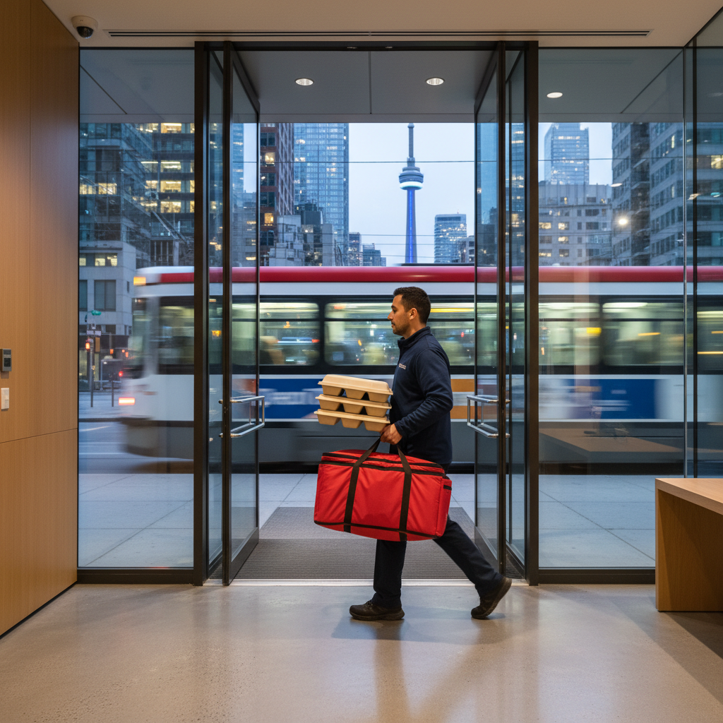 Catering delivery with insulated bags arriving at a Toronto office lobby for corporate event