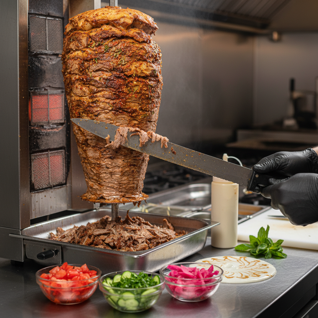Close-up shawarma carving with Turkish spices and fresh toppings for corporate catering in Toronto