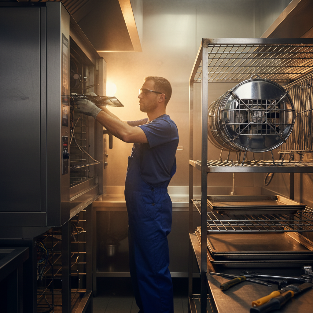 Technician reassembling commercial oven components after soak-tank cleaning, part of deep cleaning methods