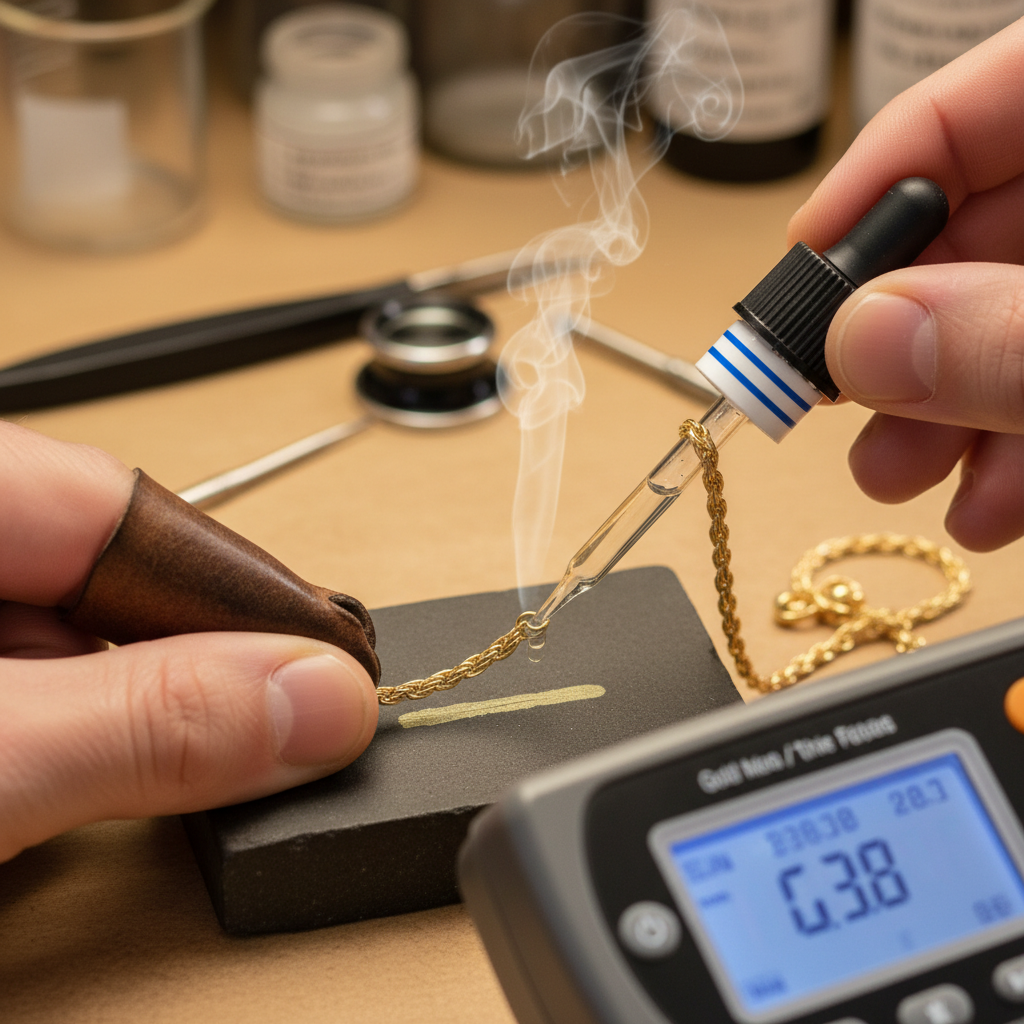 Jewelry Shops That Buy Gold: Where to Get Fair Offers in New York 1 Close-up gold testing on touchstone and electronic tester at a New York jewelry buyer