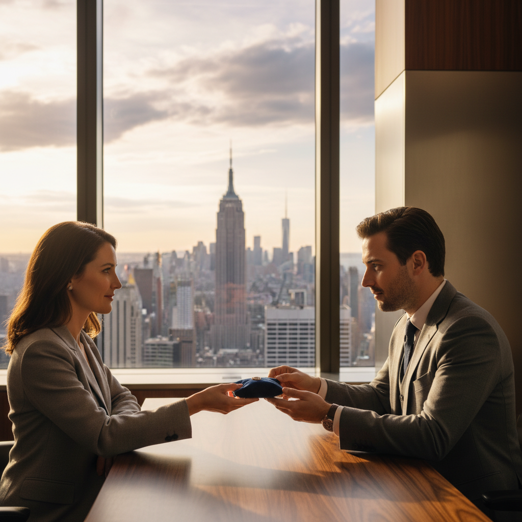 Jewelry Shops That Buy Gold: Where to Get Fair Offers in New York 2 Private Midtown Manhattan jewelry buying office scene with a customer handing a pouch to a jeweler