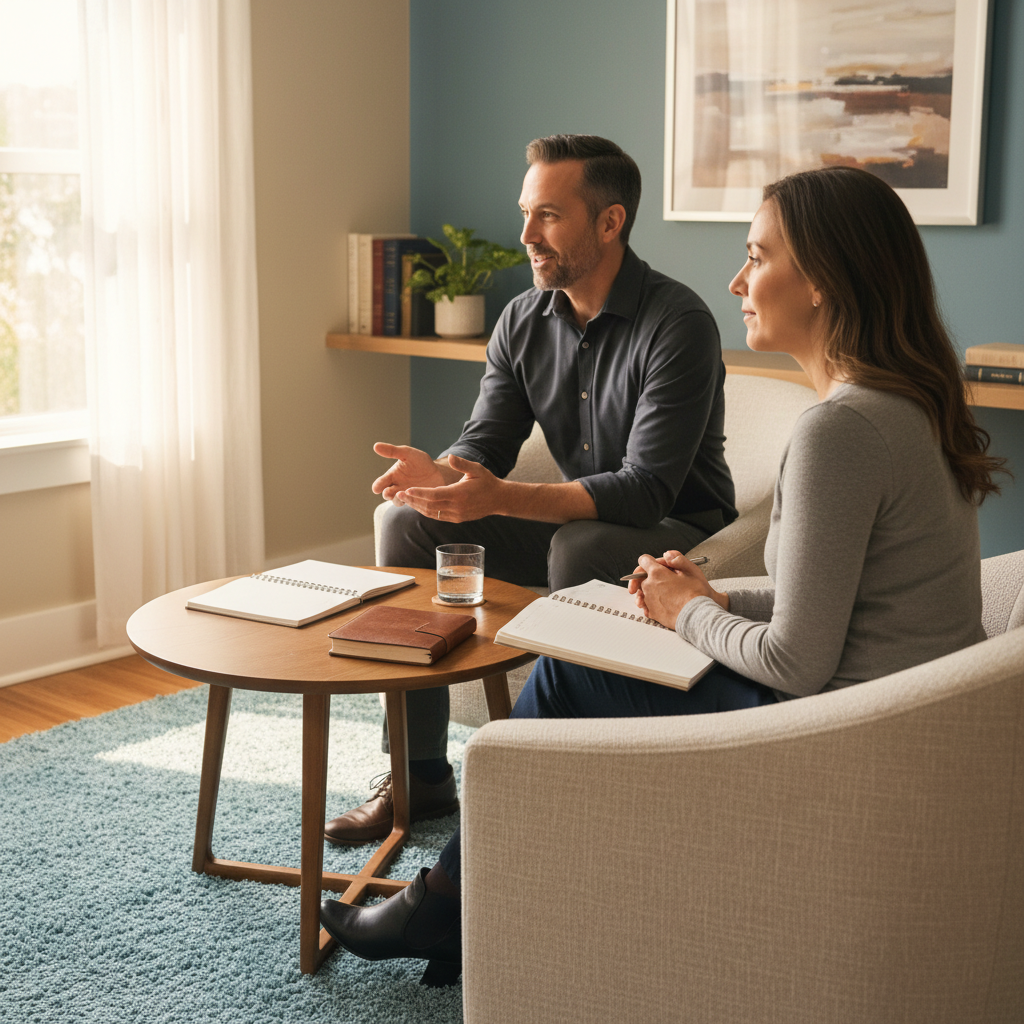 Private counseling room discussion supporting methadone treatment plan and recovery routines at an Ontario outpatient clinic