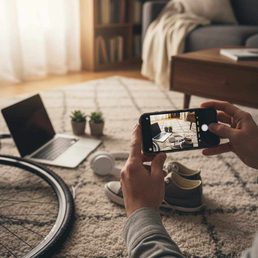 Close-up of renter creating a contents inventory for an Ontario tenant insurance quote using a smartphone in a Whitby apartment