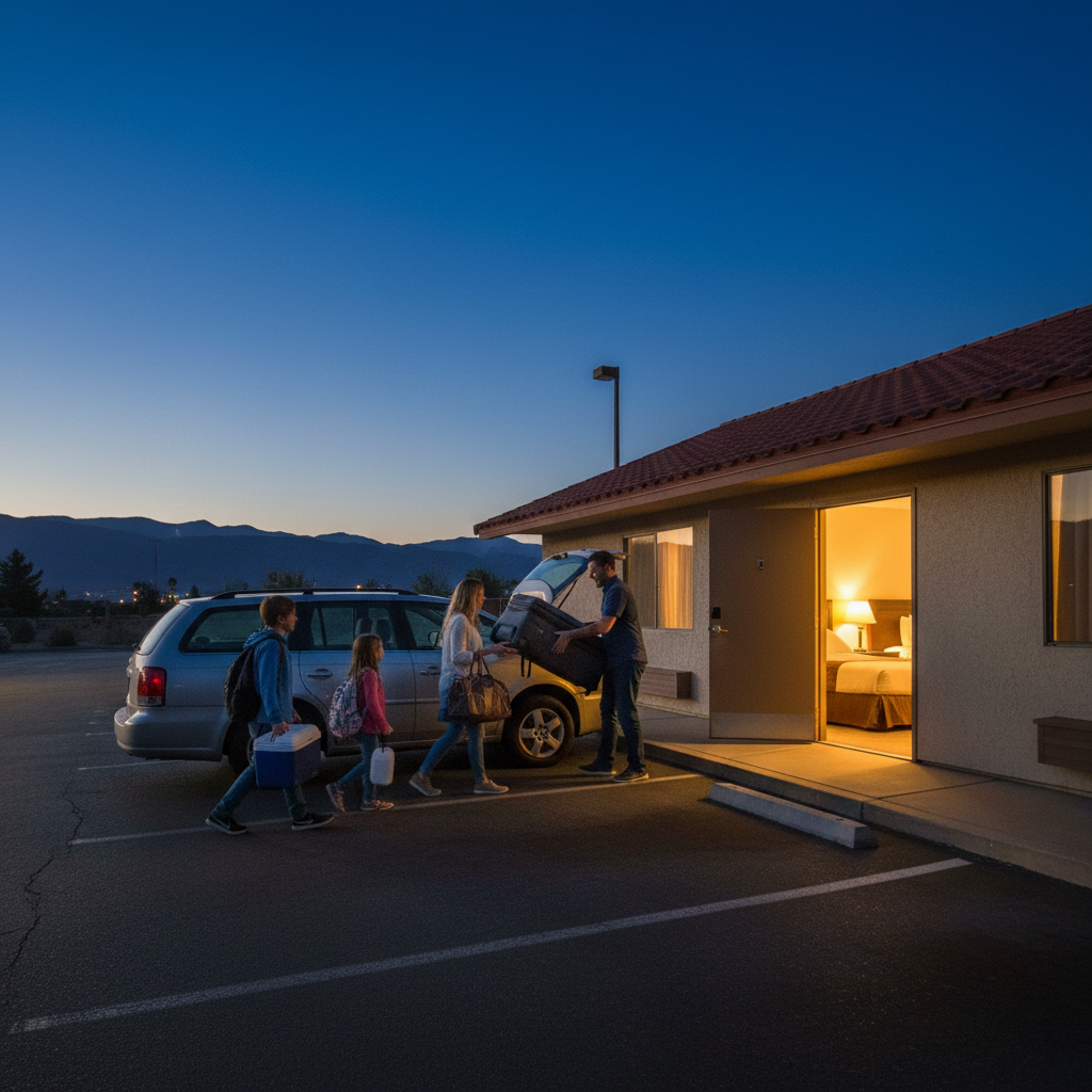 Family unloading luggage beside a Briarcliff Motel ground-floor room with parking adjacent and mountains in the distance