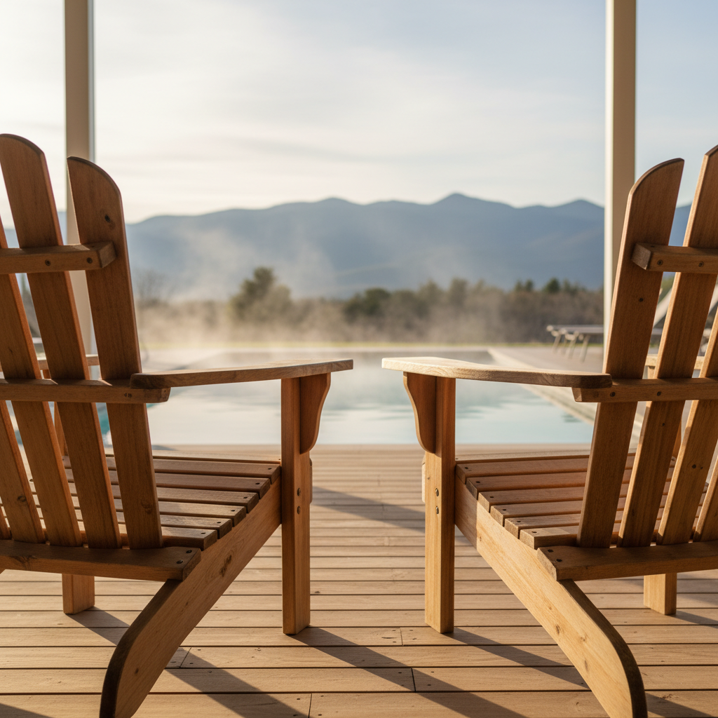 Enclosed porch with Adirondack chairs facing Briarcliff Motel’s heated outdoor pool and mountain view rooms in North Conway
