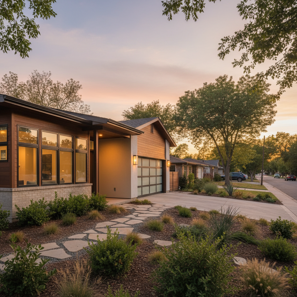 Completed suburban home exterior at sunset, representing the goal after a construction loan converts to a long-term mortgage