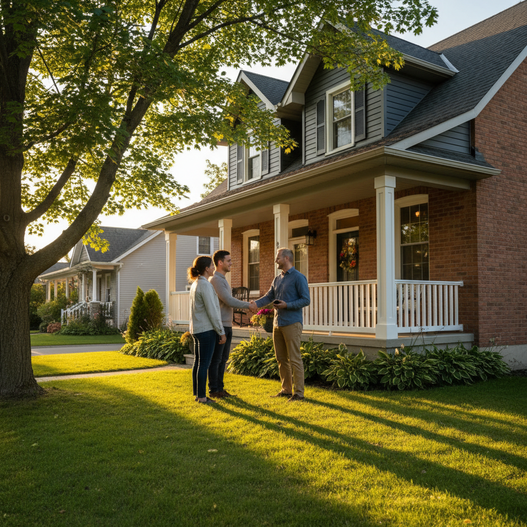 Seller greeting prospective buyers on a porch in Aurora with phone in hand to manage Houseup messaging and showing logistics