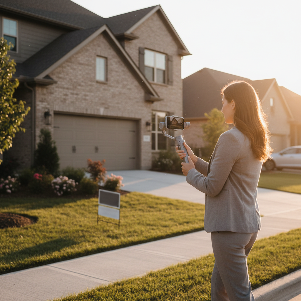 Real estate agent filming a suburban home exterior at golden hour to support SEO content with video tours and listings