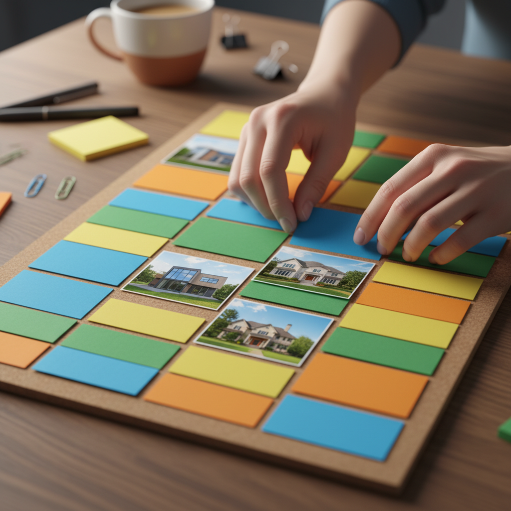 Close-up of a real estate SEO content calendar with tasks, listing photos, and color-coded themes for neighborhood guides and market updates