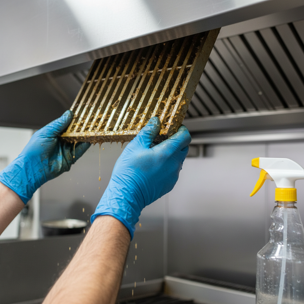 Technician removing a greasy baffle filter during a hood inspection, illustrating kitchen fire safety inspection tips and filter exchange readiness