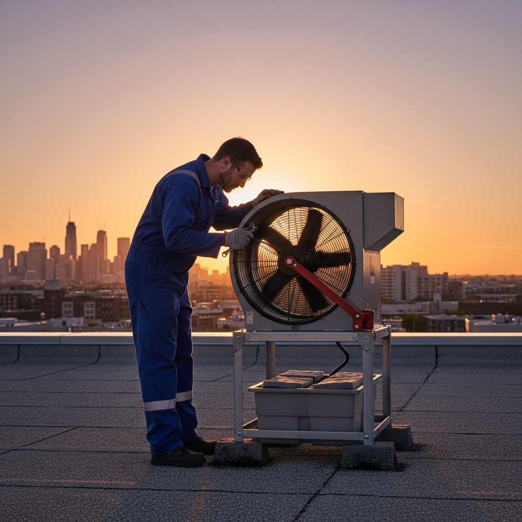Rooftop exhaust fan inspection with belt and hinge kit visible, supporting kitchen fire safety inspection tips for Ontario restaurants