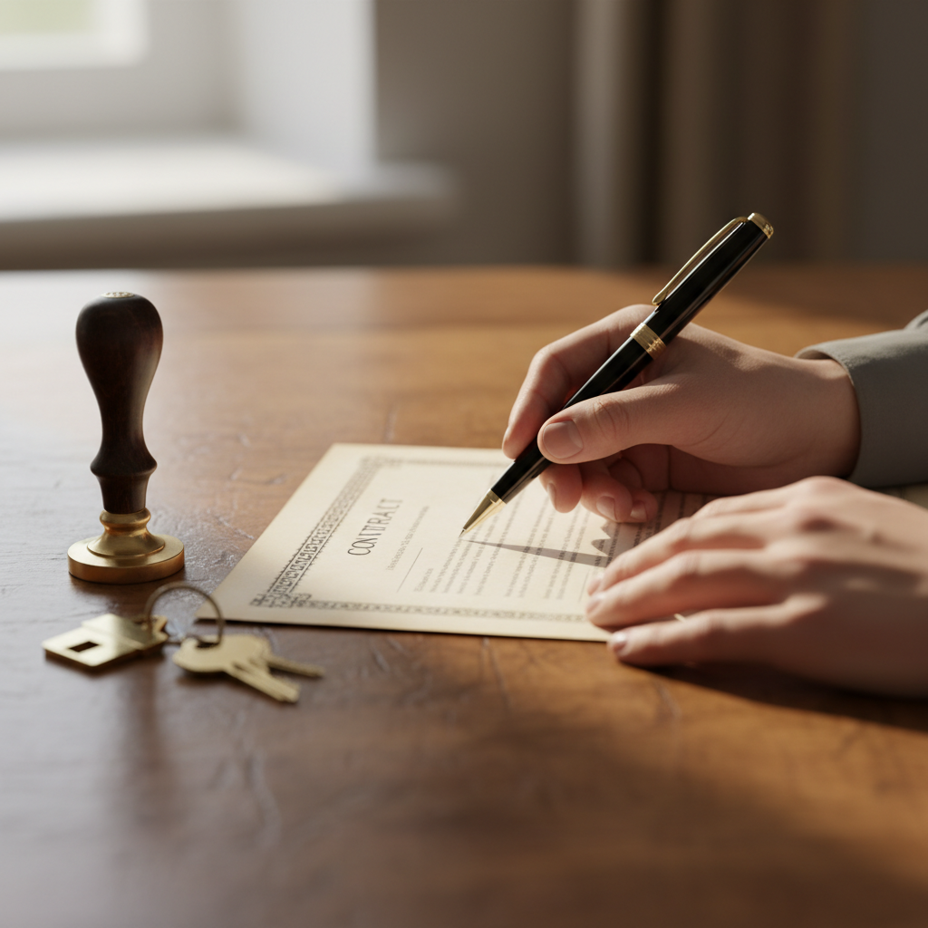 Close-up of will signing with notary seal and house keys, illustrating will preparation and probate steps