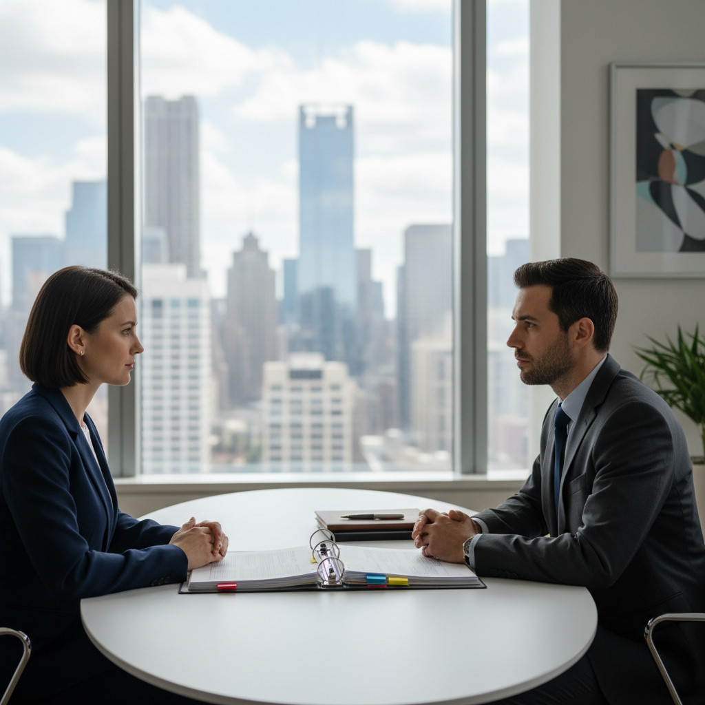 Executor meeting with estate lawyer reviewing color-tabbed binder during probate process