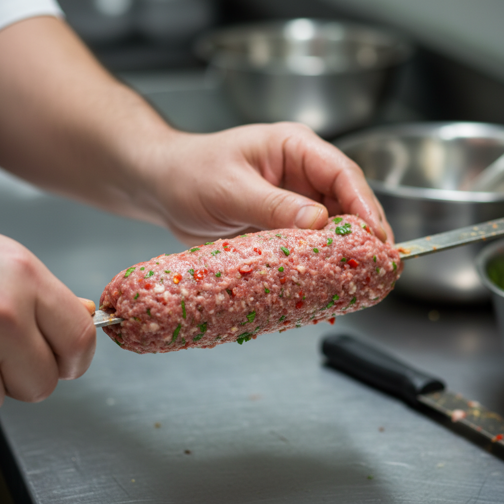 Close-up of Adana kebab being shaped on a flat skewer for Turkish grilled meats cooking methods