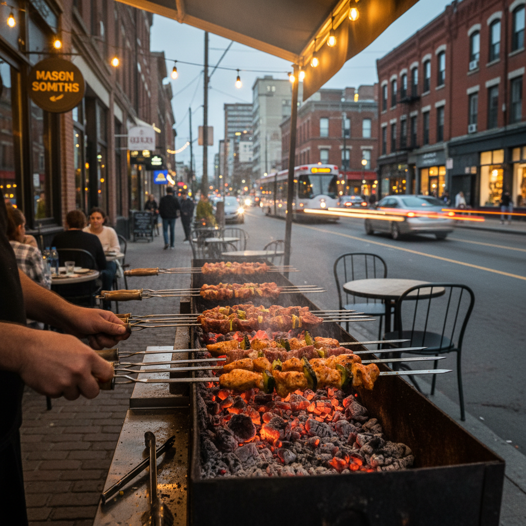 Charcoal mangal with Turkish kebab skewers grilling outdoors on College Street in Toronto