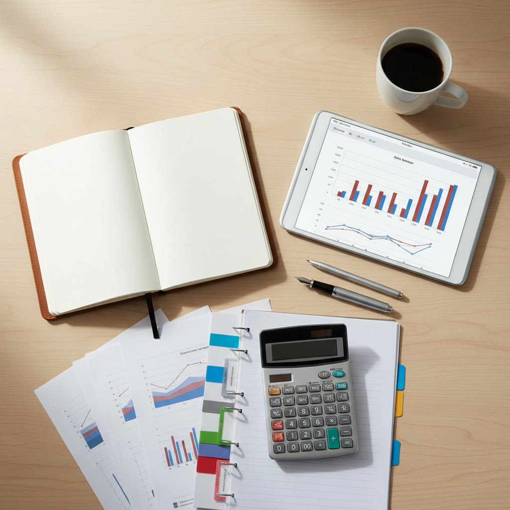 Top-down CFO planning setup with tablet graphs, calculator, and documents, visualizing tools for business advisory services
