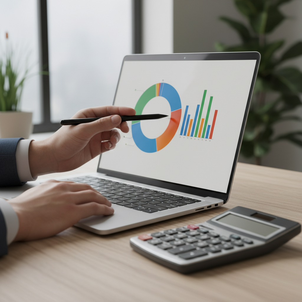 Close-up of hands reviewing a laptop cash flow dashboard and calculator, illustrating business advisory services explained with cash flow planning