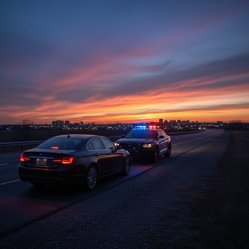 Car pulled over at dusk with police cruiser, symbolizing demerit points and roadside stops in Ontario