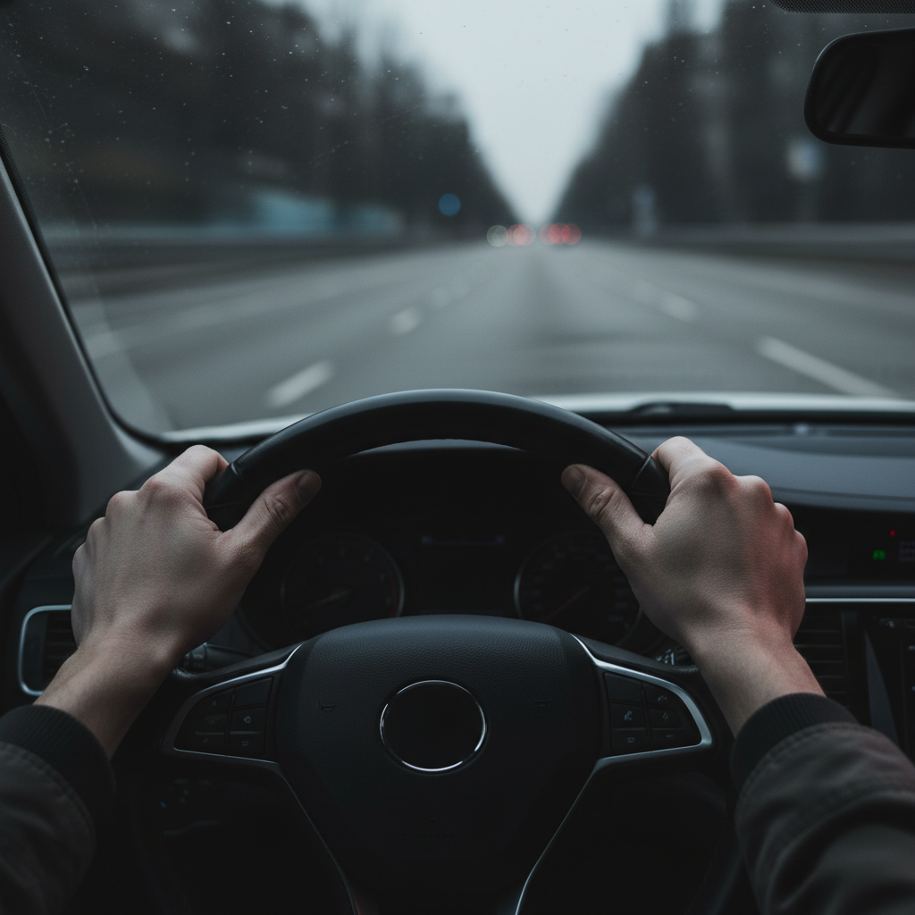 Driver perspective with steering wheel and police lights reflection, illustrating Ontario traffic violation points risk