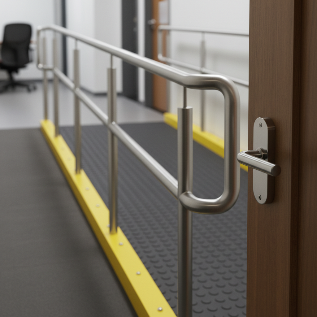 Close-up of an indoor accessibility ramp with metal handrails and non-slip flooring in a modern event venue, illustrating event venue accessibility requirements