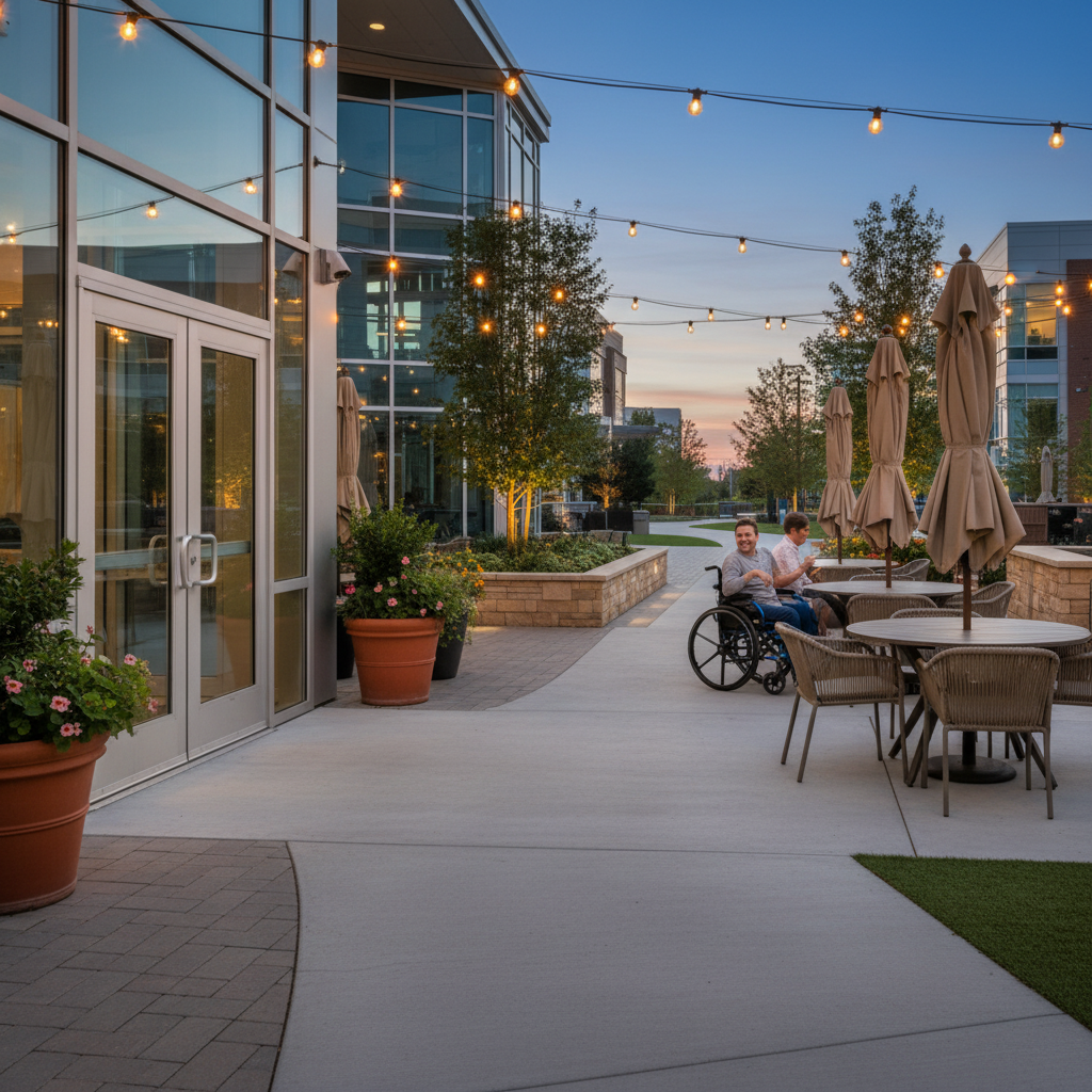 Outdoor event patio with an accessible pathway and level entry to double doors at a convention venue, arranged seating with wheelchair space for inclusive design