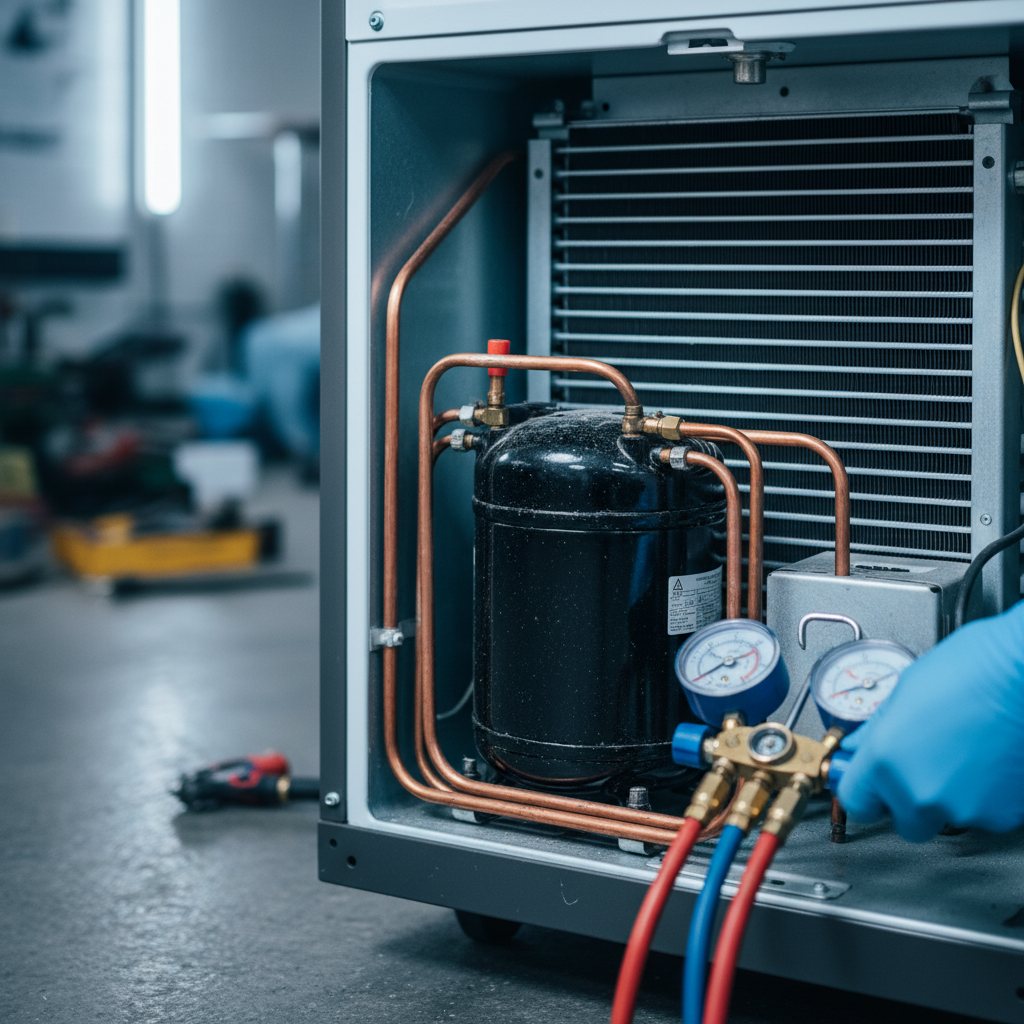 Close-up of refrigerator compressor service with gauges, copper lines, and technician hands during sealed-system diagnosis in Toronto condo