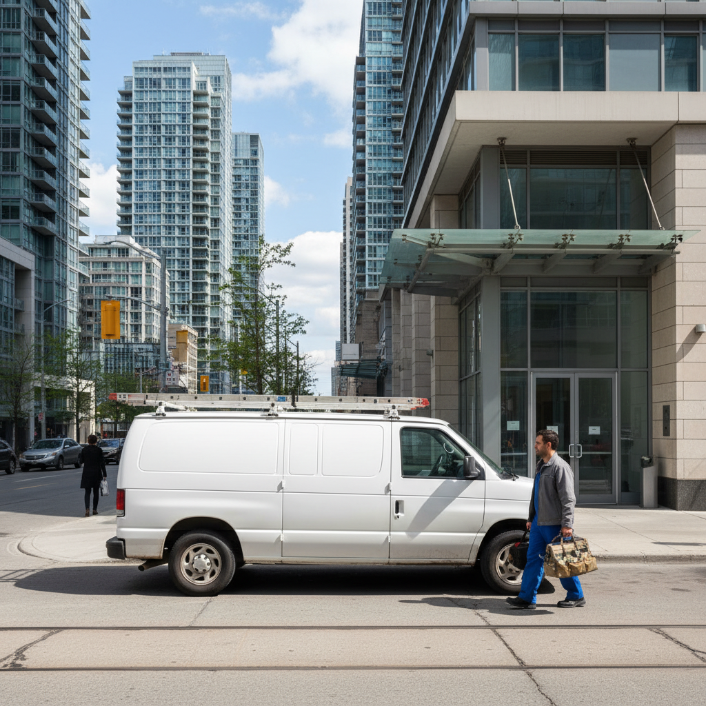 Appliance repair van outside downtown Toronto high-rise as technician arrives with sealed-system tools for refrigerator service near 18 Yonge St #3509
