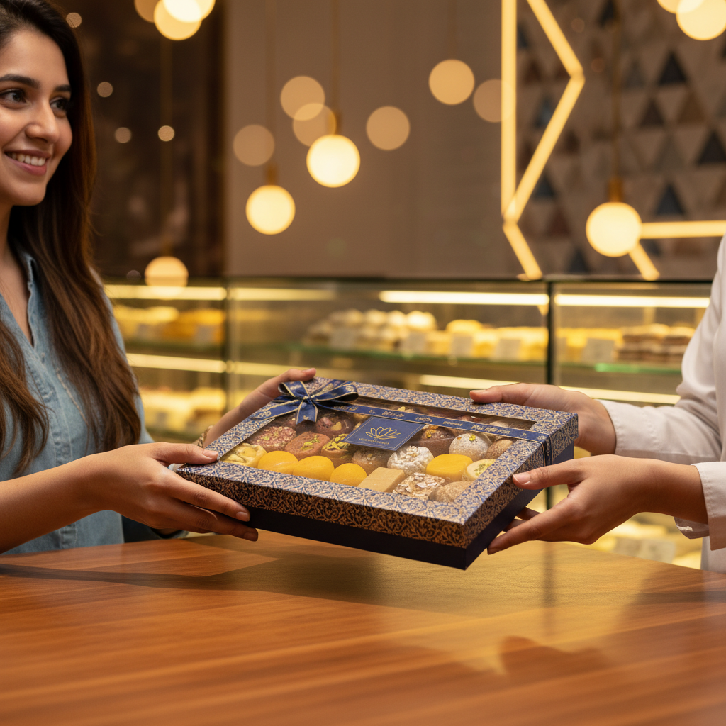 Customer receiving a premium gift-ready fusion sweets box at an Indian sweets shop in Brampton, showcasing elegant packaging and service