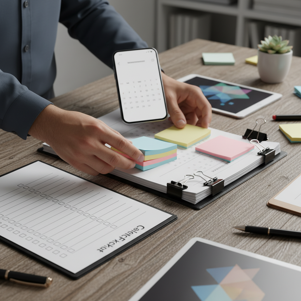 Close-up of organizing PMP application documents: project logs, checklists, and 35 contact hour proof for a PMP application guide
