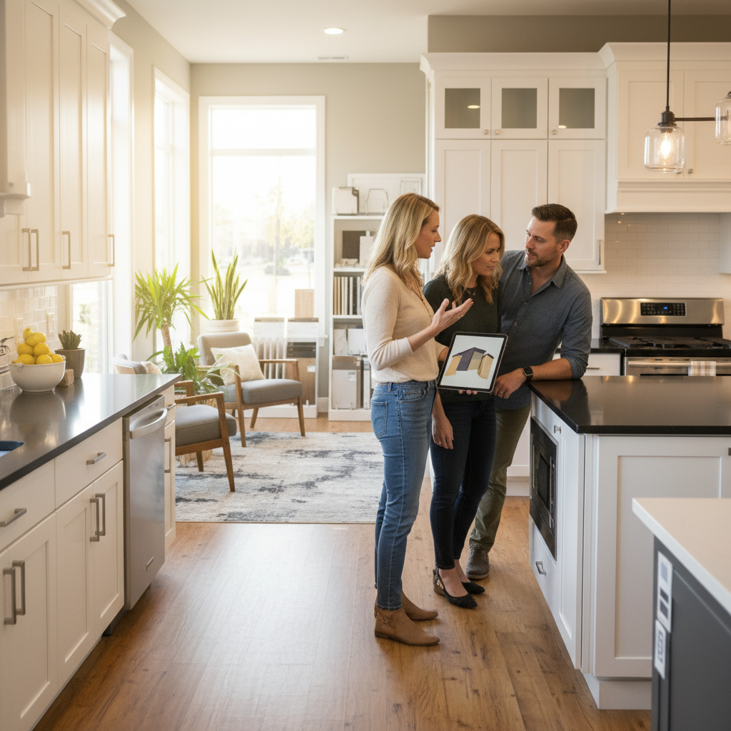 2D vs 3D Kitchen Plans: Choose Faster in 2026 2 Designer reviewing a 3D kitchen model with homeowners in a bright Brampton showroom, validating finishes and lighting