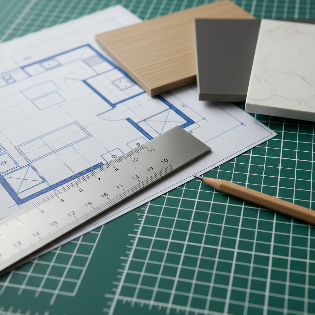 2D vs 3D Kitchen Plans: Choose Faster in 2026 1 2D kitchen floor plan with finish samples and scale ruler showing planning stage for 2D vs 3D kitchen design software