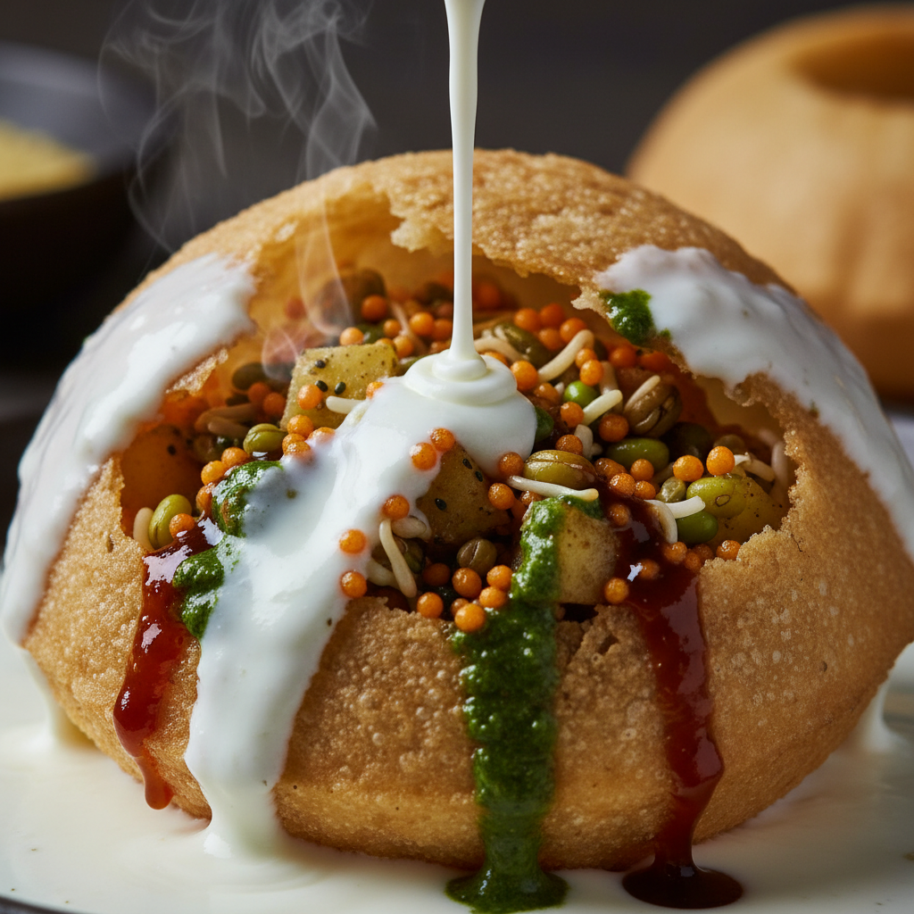 Close-up of raj kachori assembly with potatoes, sprouts, boondi, chutneys, and yogurt highlighting chaat texture and balance