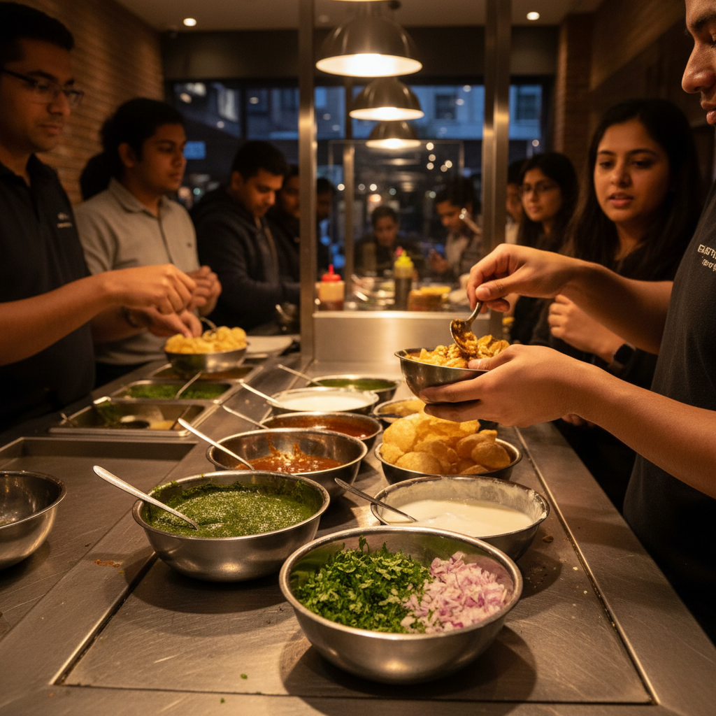 Chaat counter in Brampton with chutneys, herbs, and crisp puris ready for raj kachori assembly at an Indian sweets shop