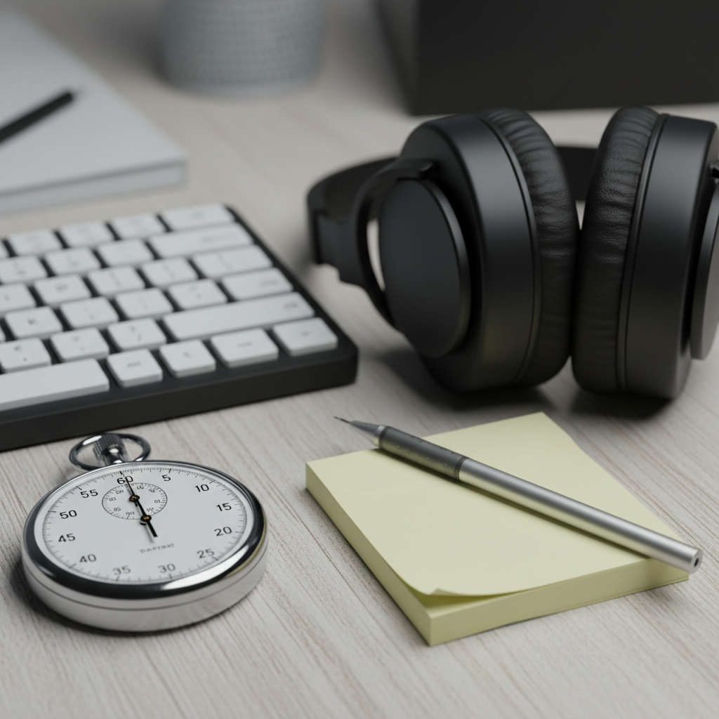 Close-up of PMP mock exam tools: stopwatch, headphones, and pencil to train pacing and focus for PMP mock exam strategy